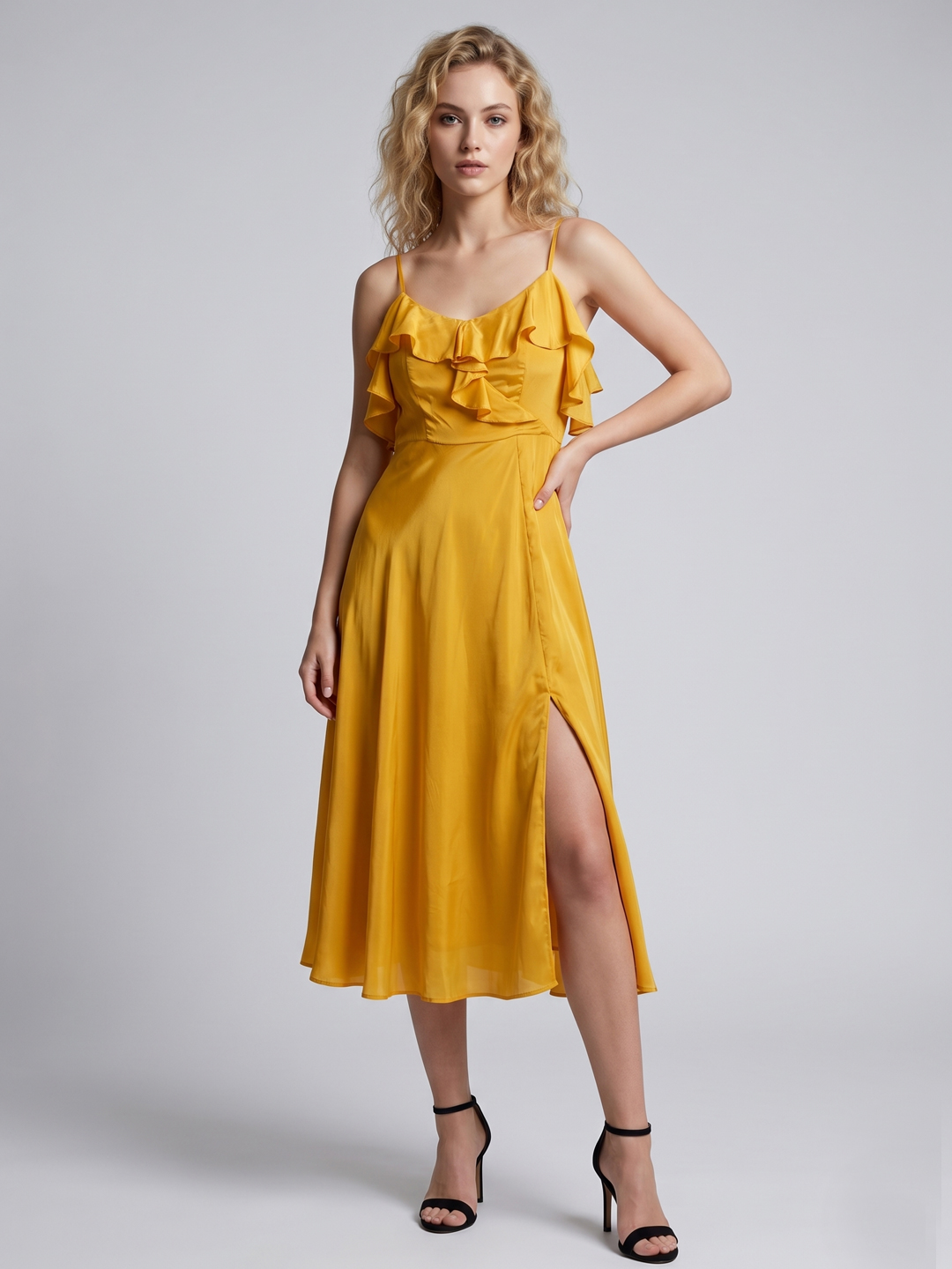 Women Yellow Yellow Pure Silk Solid Ruffled Slit Dress 5