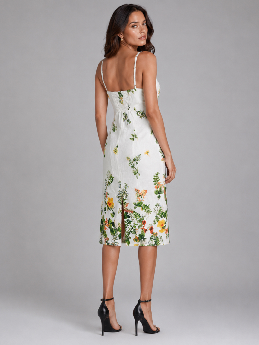 Women Floral Printed Shoulder Strap Linen Midi Bodycon Dress 2