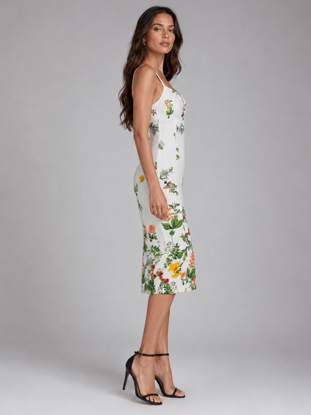 Women Floral Printed Shoulder Strap Linen Midi Bodycon Dress 3