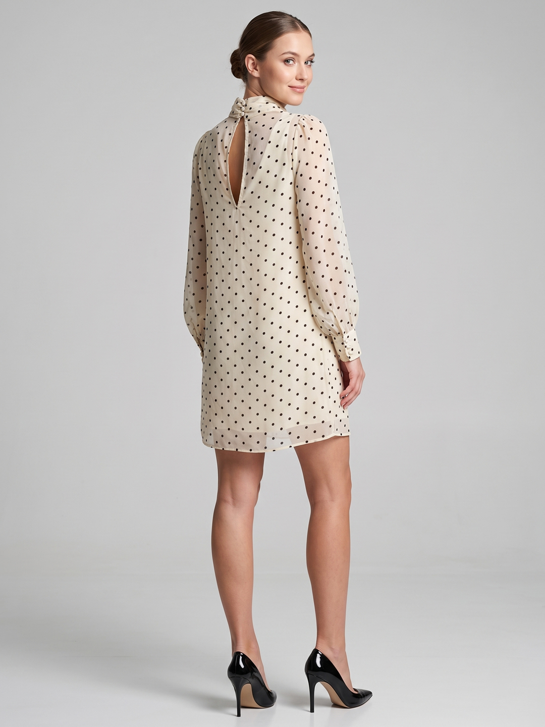 Women Polka Dot Printed High Neck Mini Shift Dress 2