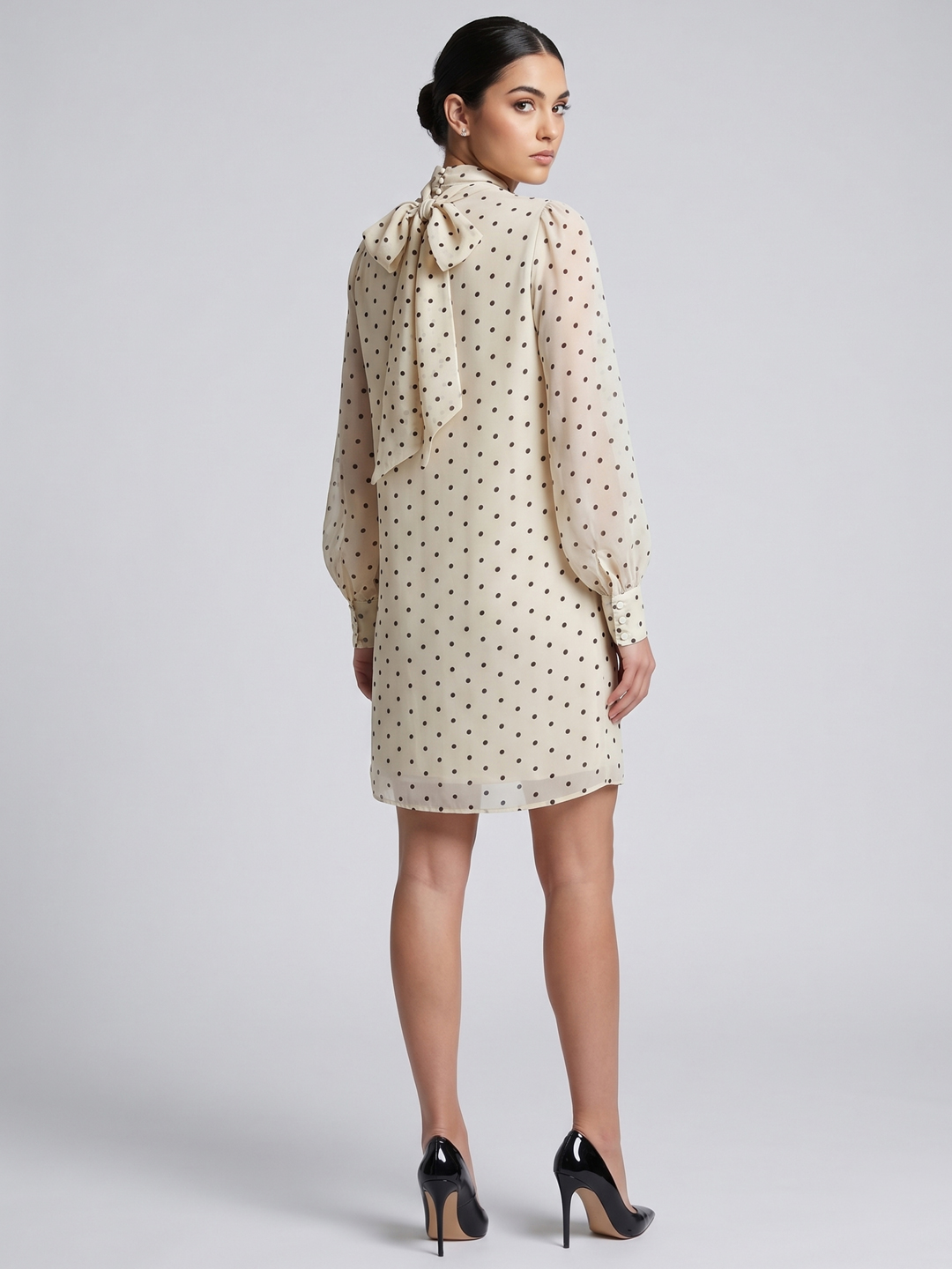 Women Polka Dot Printed High Neck Mini Shift Dress 4
