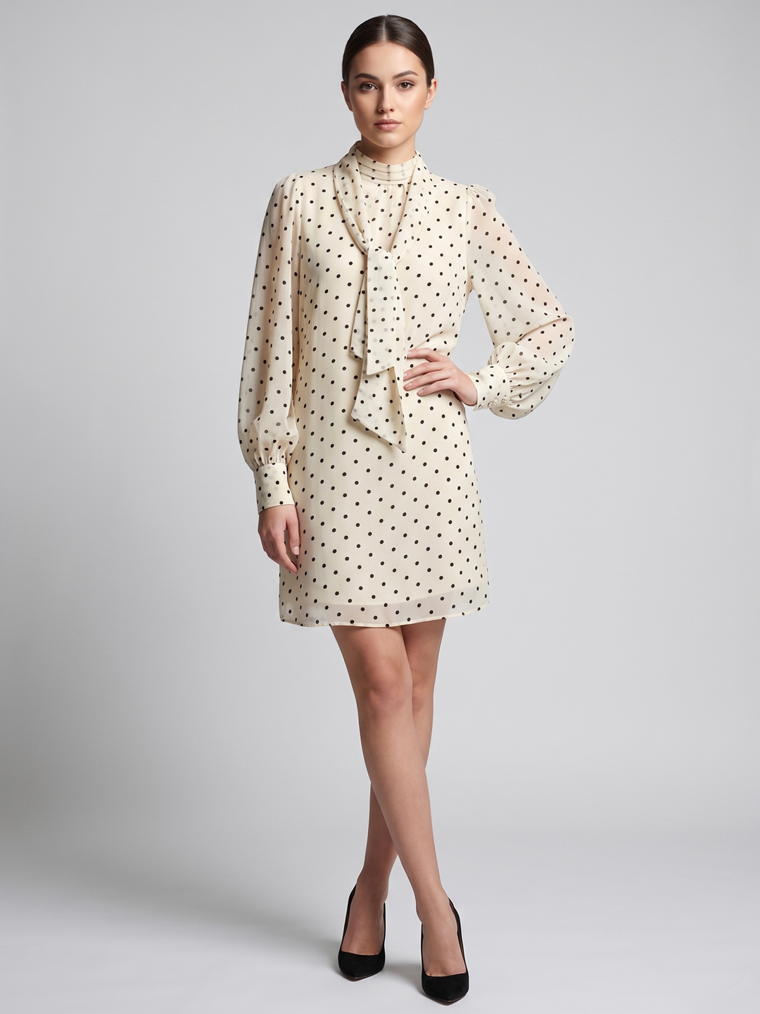Women Polka Dot Printed High Neck Mini Shift Dress 5