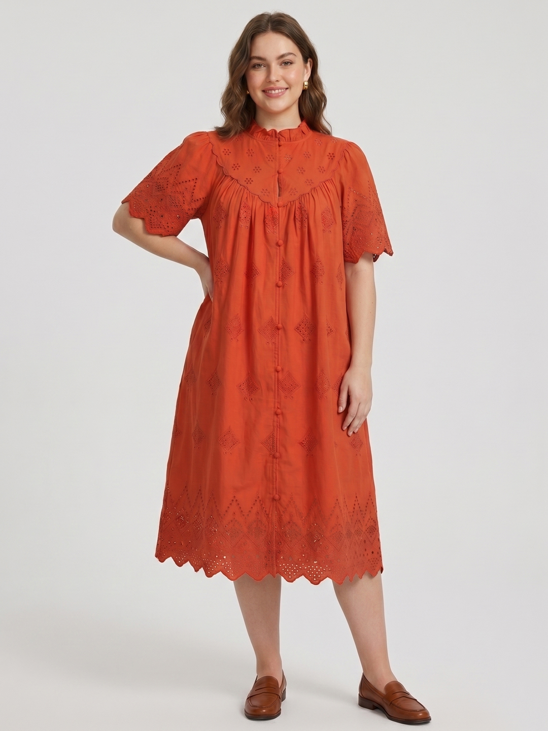 Women Schiffli Embroidered Puff Sleeve A-Line Dress 2
