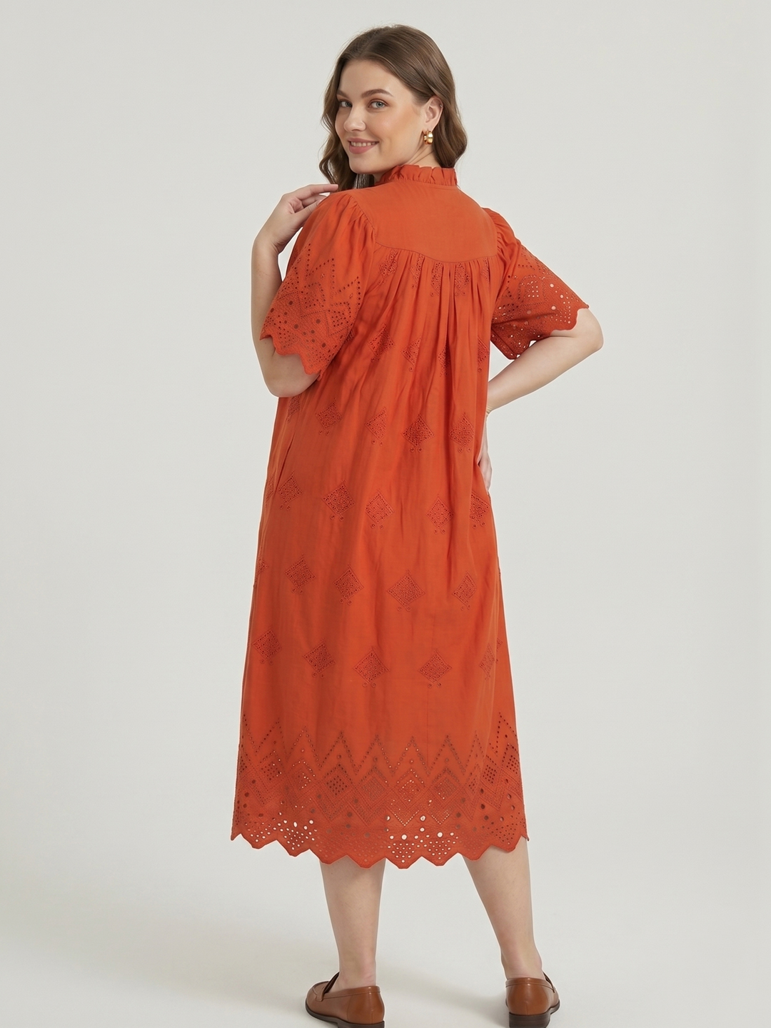 Women Schiffli Embroidered Puff Sleeve A-Line Dress 4