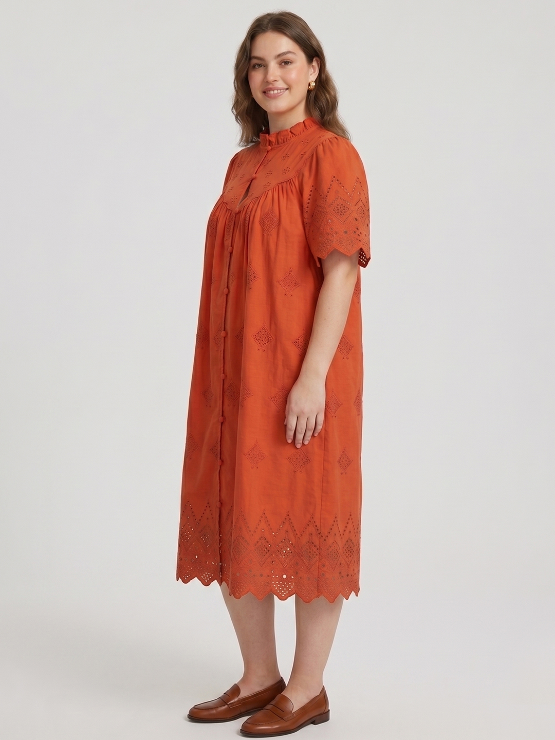 Women Schiffli Embroidered Puff Sleeve A-Line Dress 6