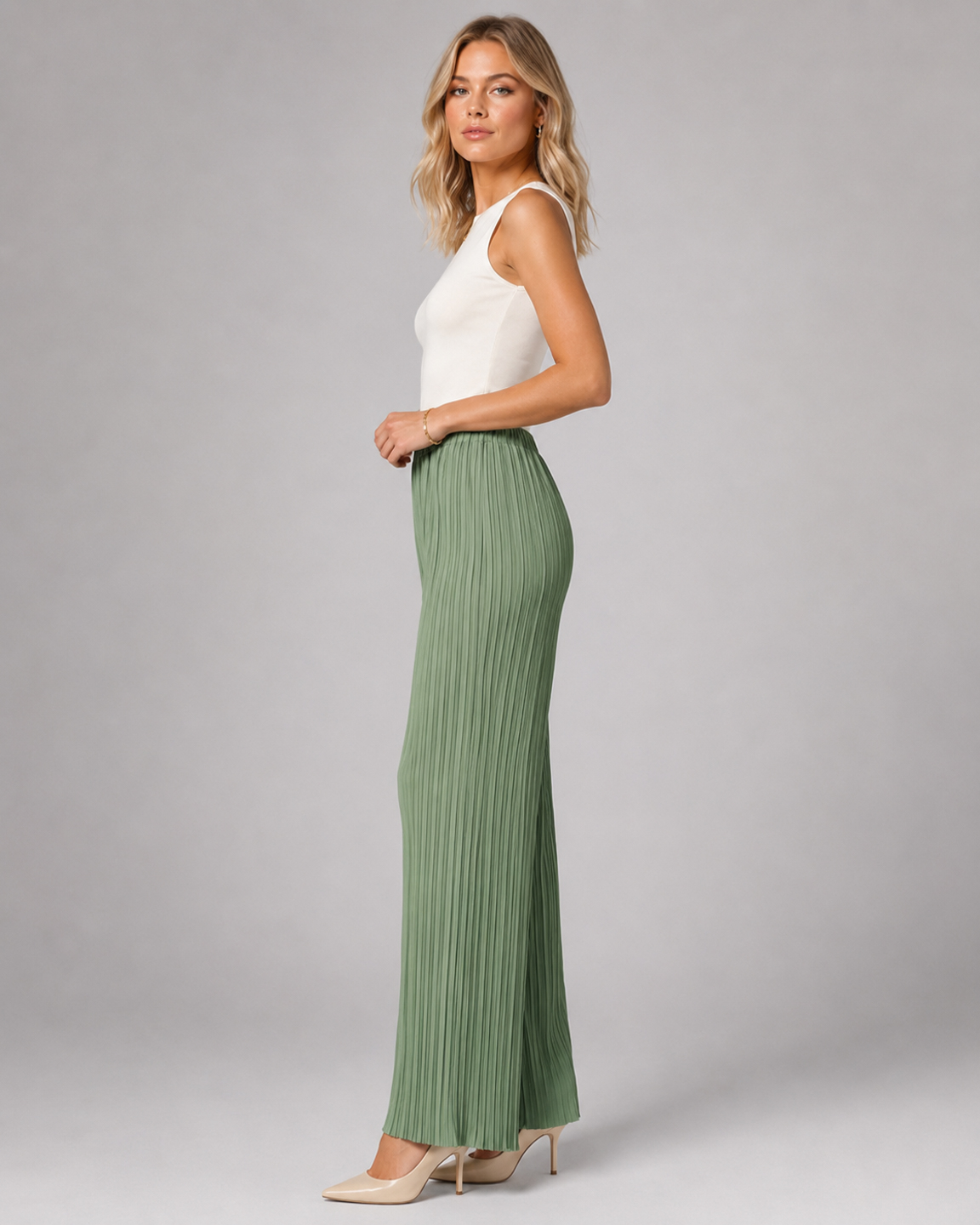 Women Sage Green Crinkle Pleated Wide Leg Lounge Pyjamas 4