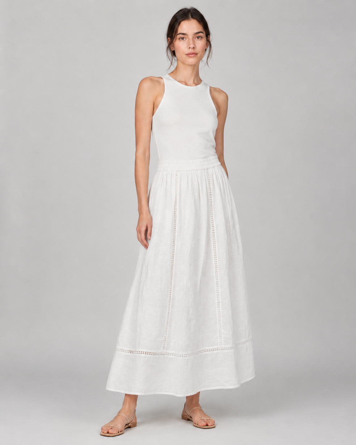 Women White Pure Cotton Schiffli Embroidered Maxi Skirt 4