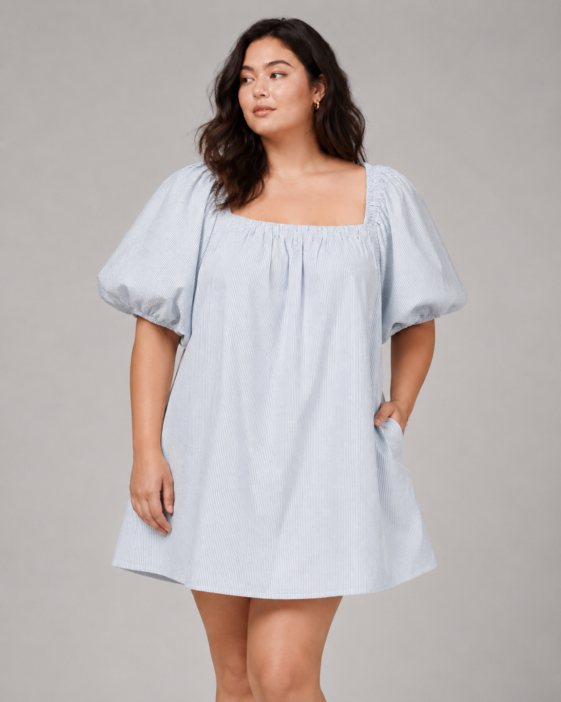 Plus Size Puff Sleeve Cotton Mini Women's Dress 2