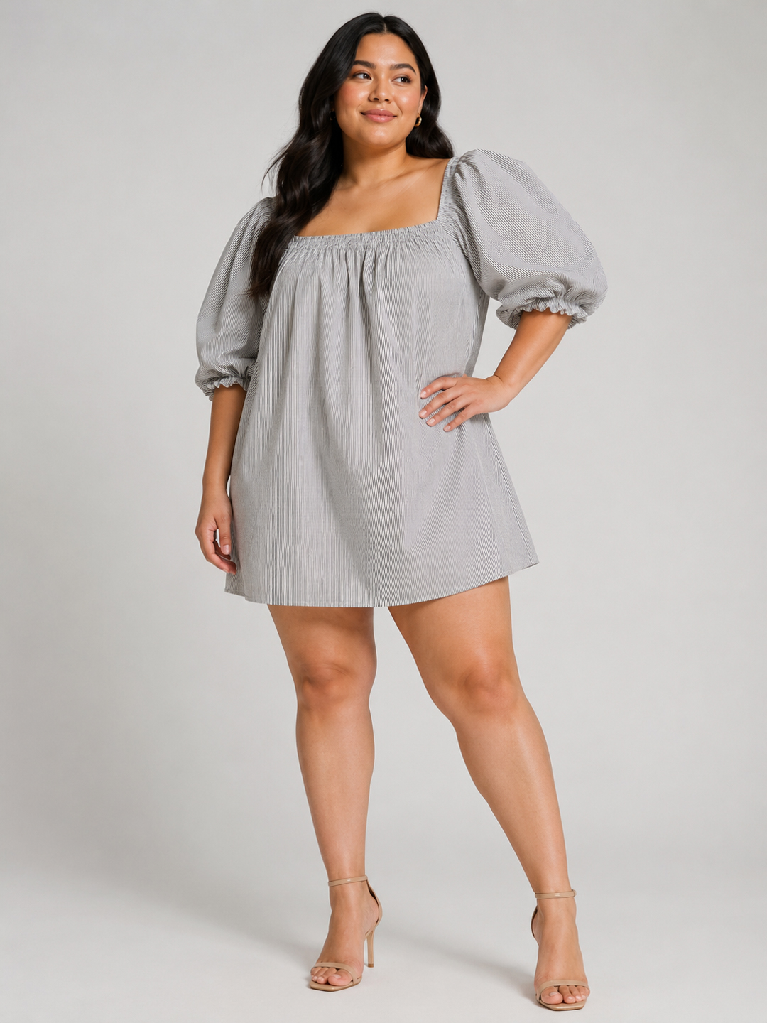 Women's Plus Size Puff Sleeve Cotton Mini Dress 4