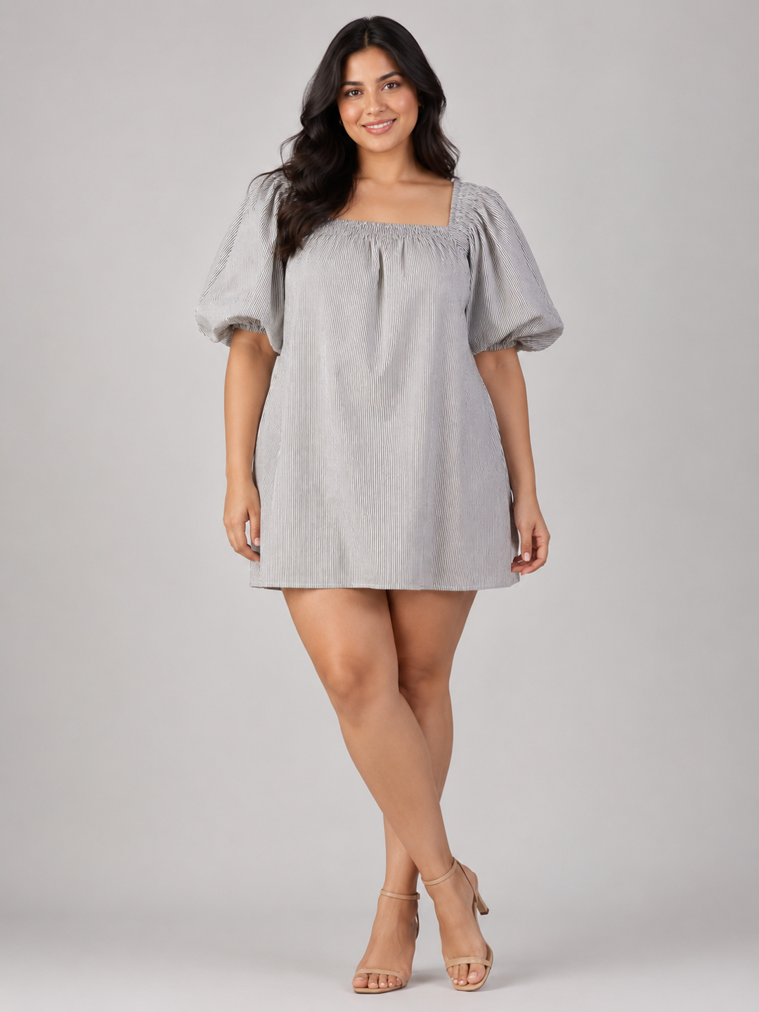 Women's Plus Size Puff Sleeve Cotton Mini Dress 5
