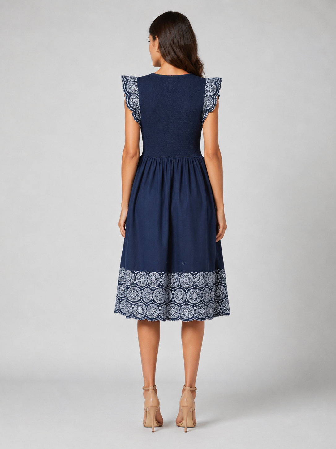 Navy Printed Cotton Poplin Midi Women Dress 2