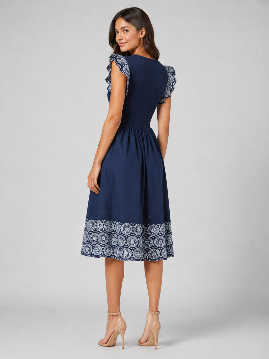 Navy Printed Cotton Poplin Midi Women Dress 3
