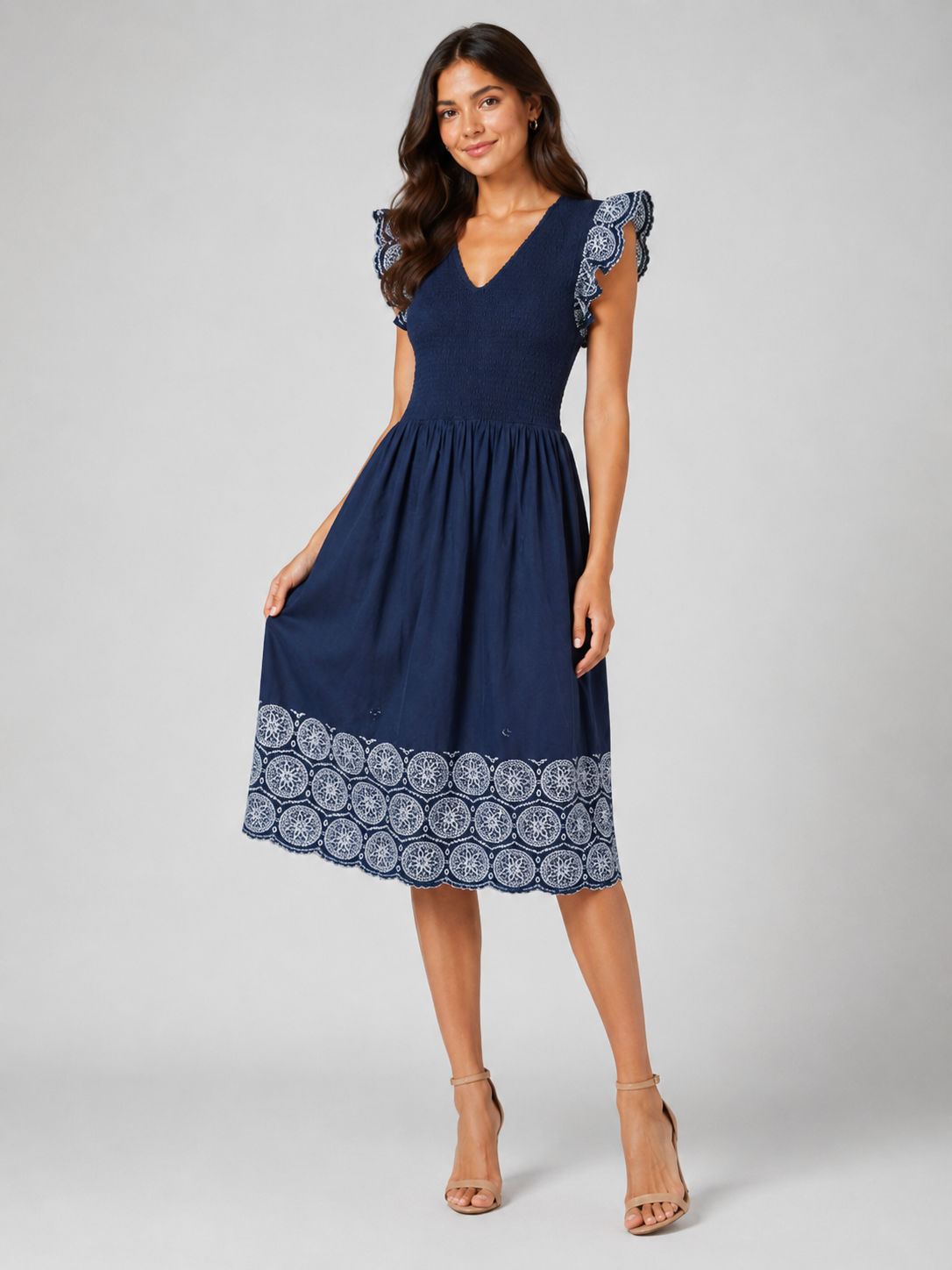 Navy Printed Cotton Poplin Midi Women Dress 4