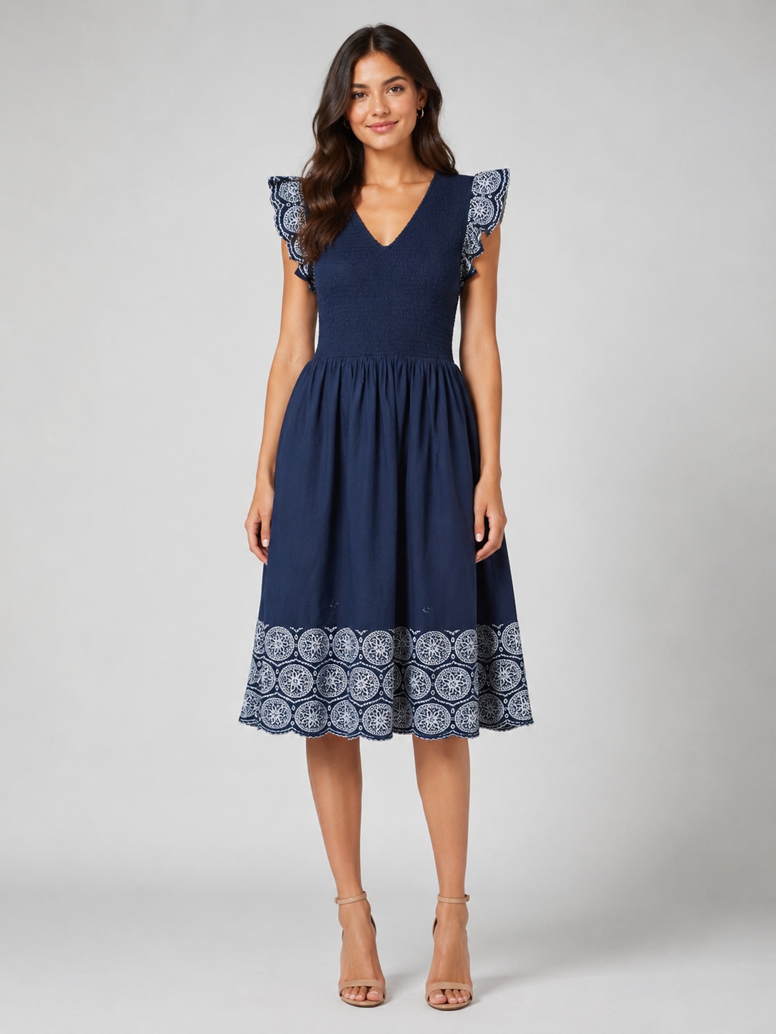 Navy Printed Cotton Poplin Midi Women Dress 5