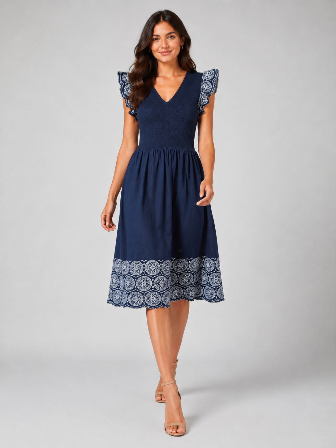 Navy Printed Cotton Poplin Midi Women Dress 6