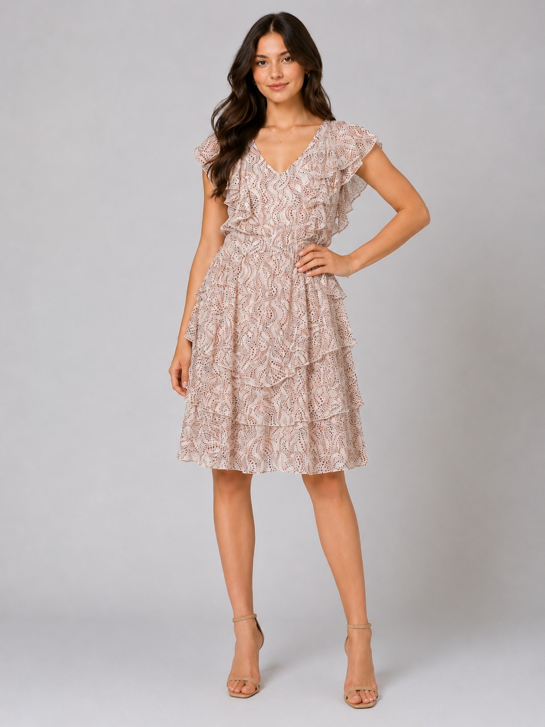 Women Beige Printed Ruffle Layered Dress 3