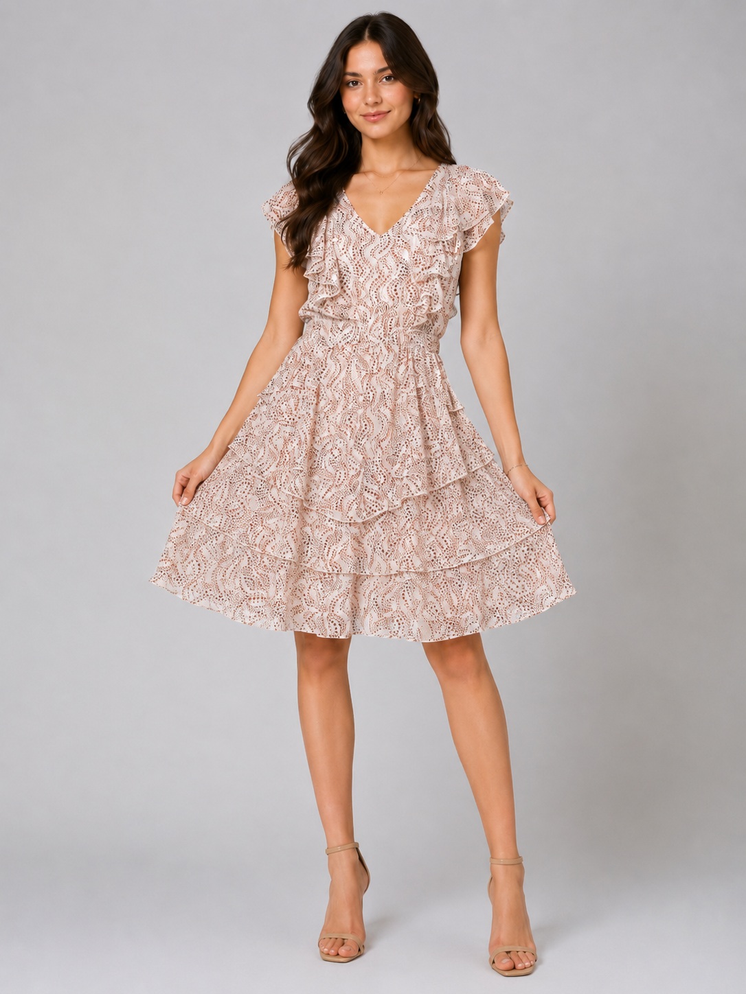 Women Beige Printed Ruffle Layered Dress 4