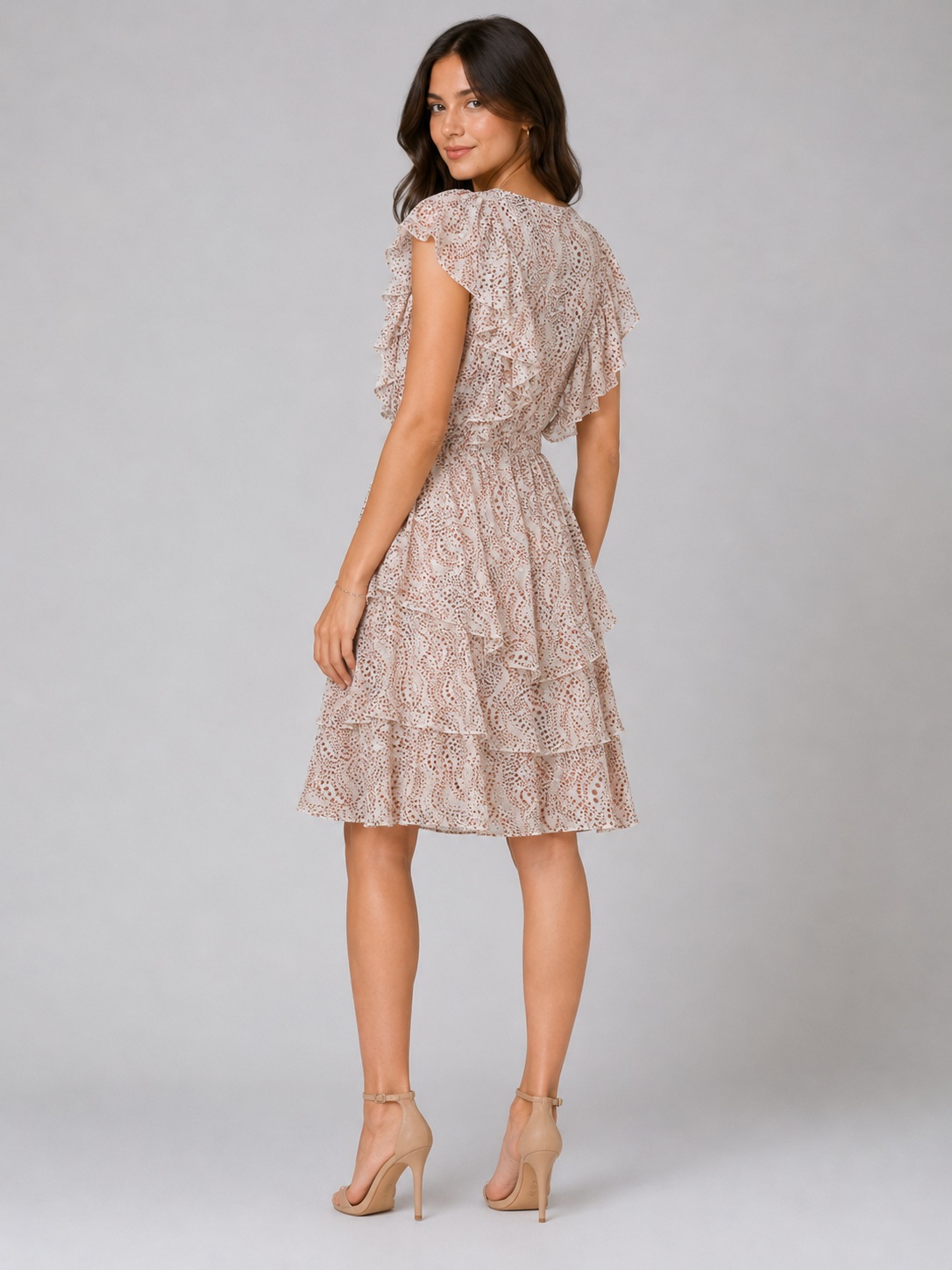 Women Beige Printed Ruffle Layered Dress 5