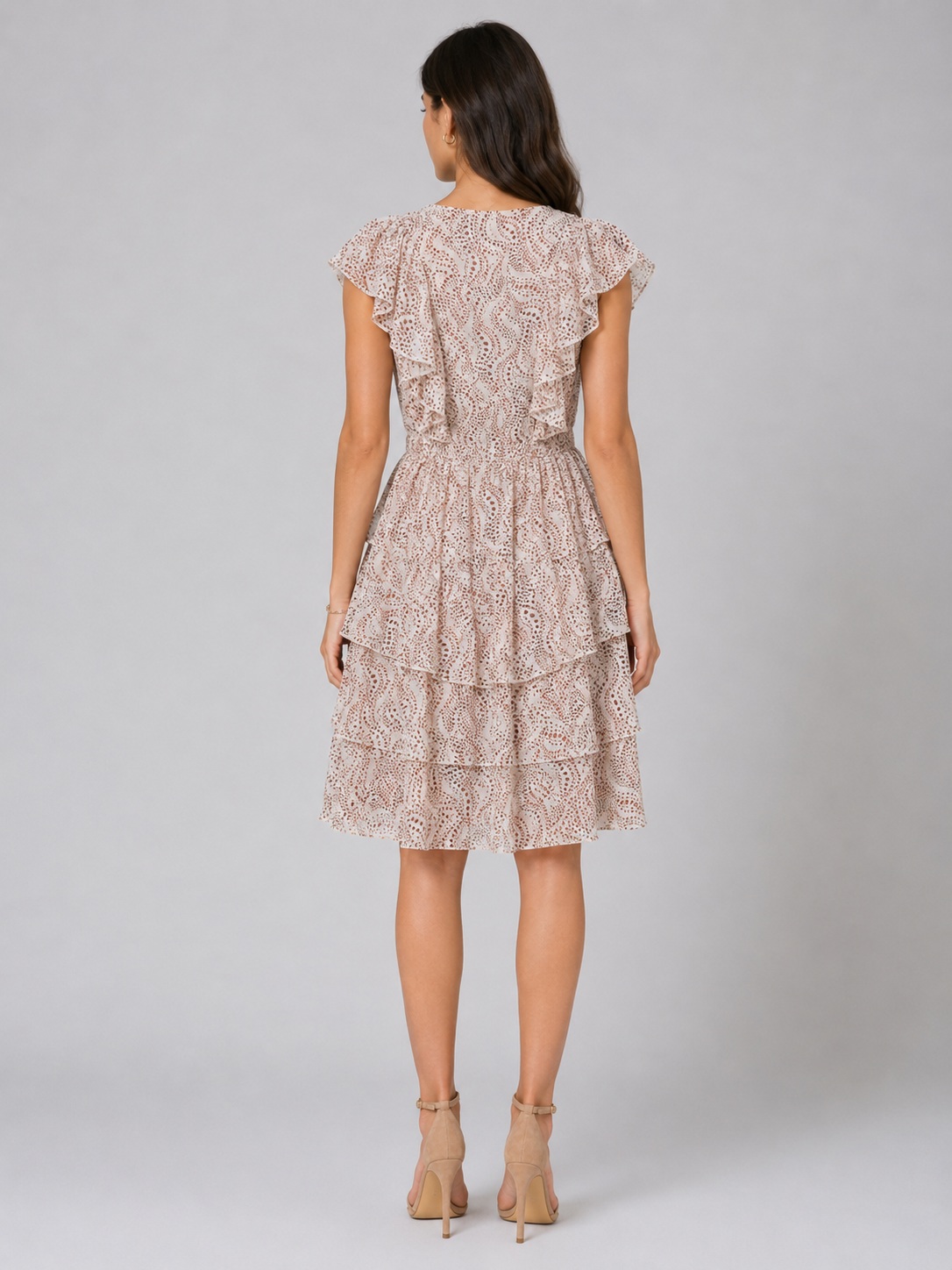 Women Beige Printed Ruffle Layered Dress 6