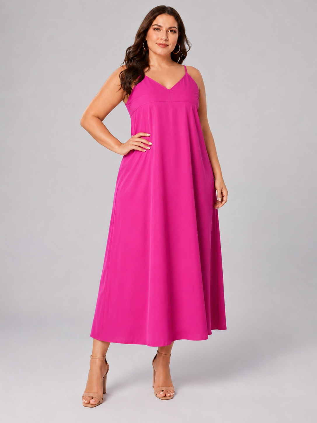 Women Pink Plus Size Shoulder Strap Maxi Dress 4