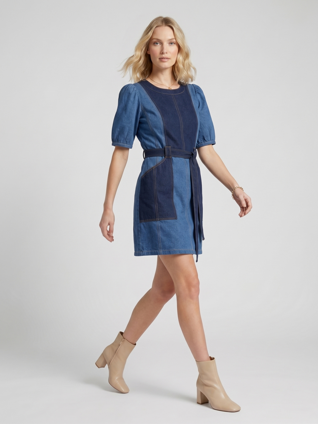 Women Blue Denim Mini Dress with Belt 2