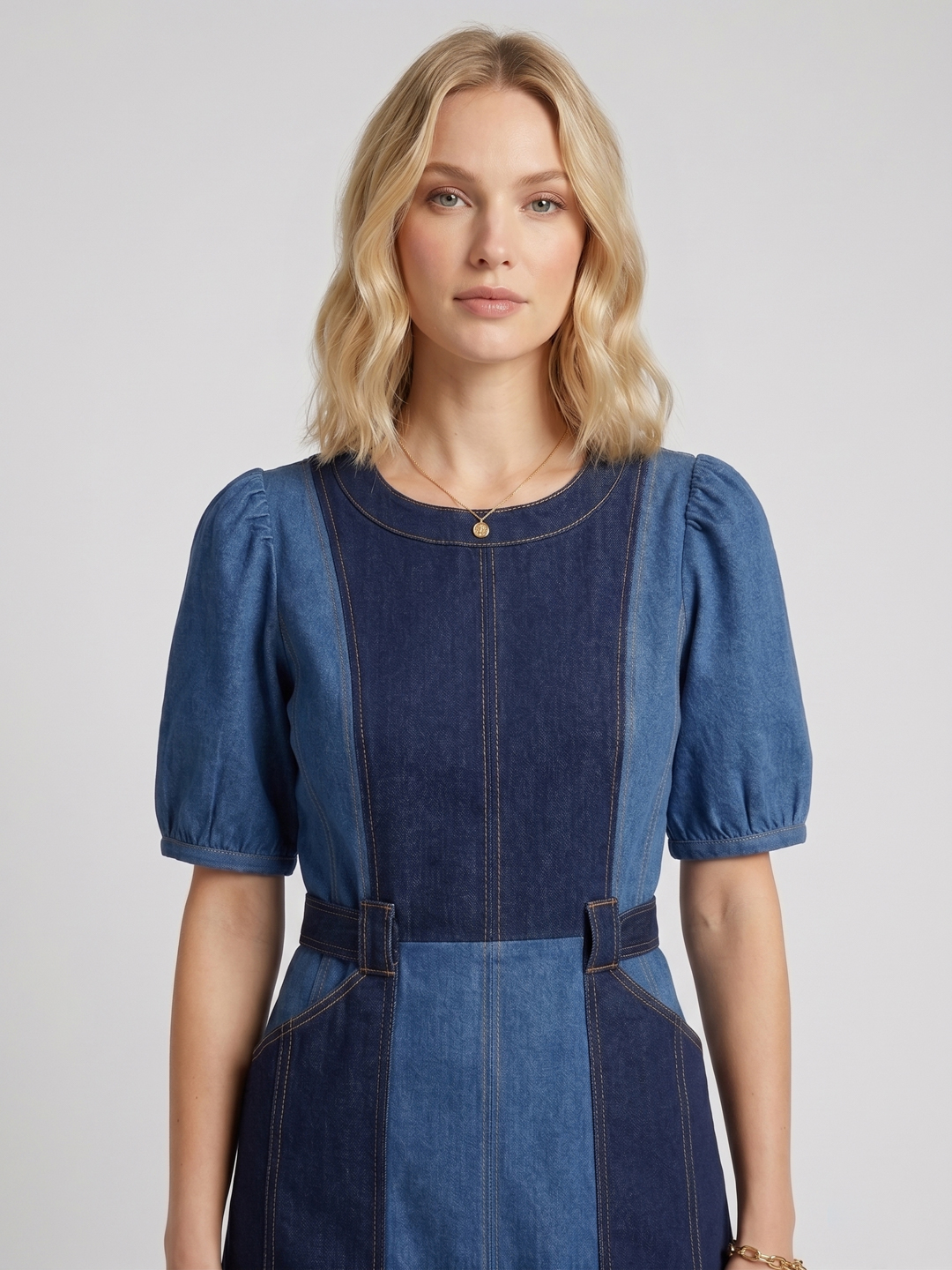 Women Blue Denim Mini Dress with Belt 4