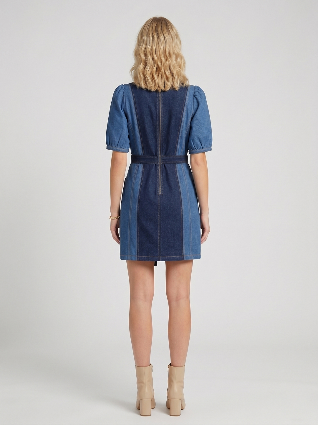 Women Blue Denim Mini Dress with Belt 5