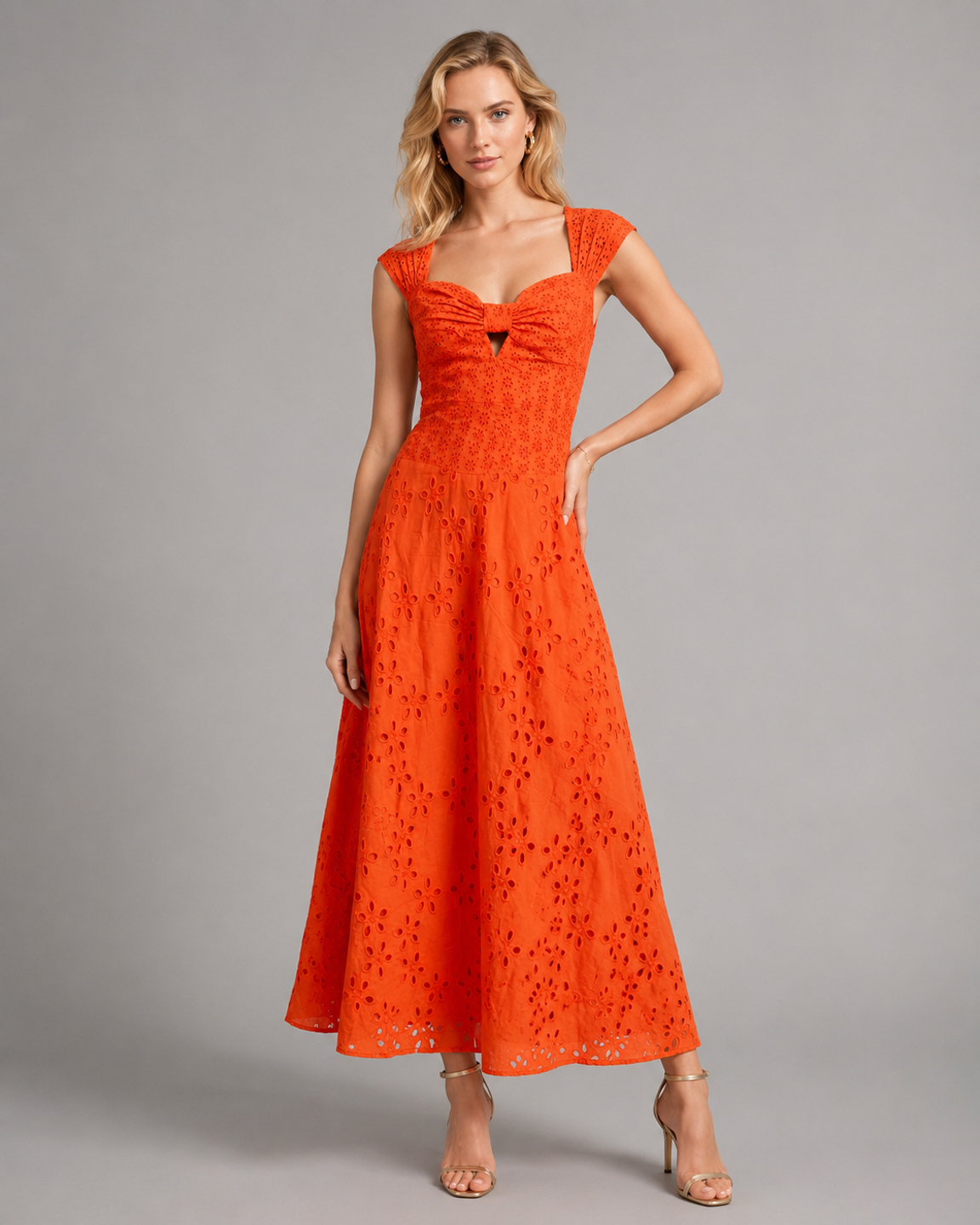 Women Orange Schiffli Cotton Maxi Dress