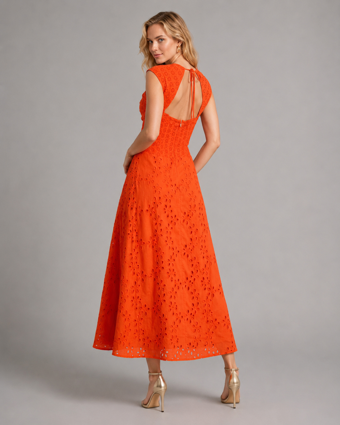 Women Orange Schiffli Cotton Maxi Dress 2