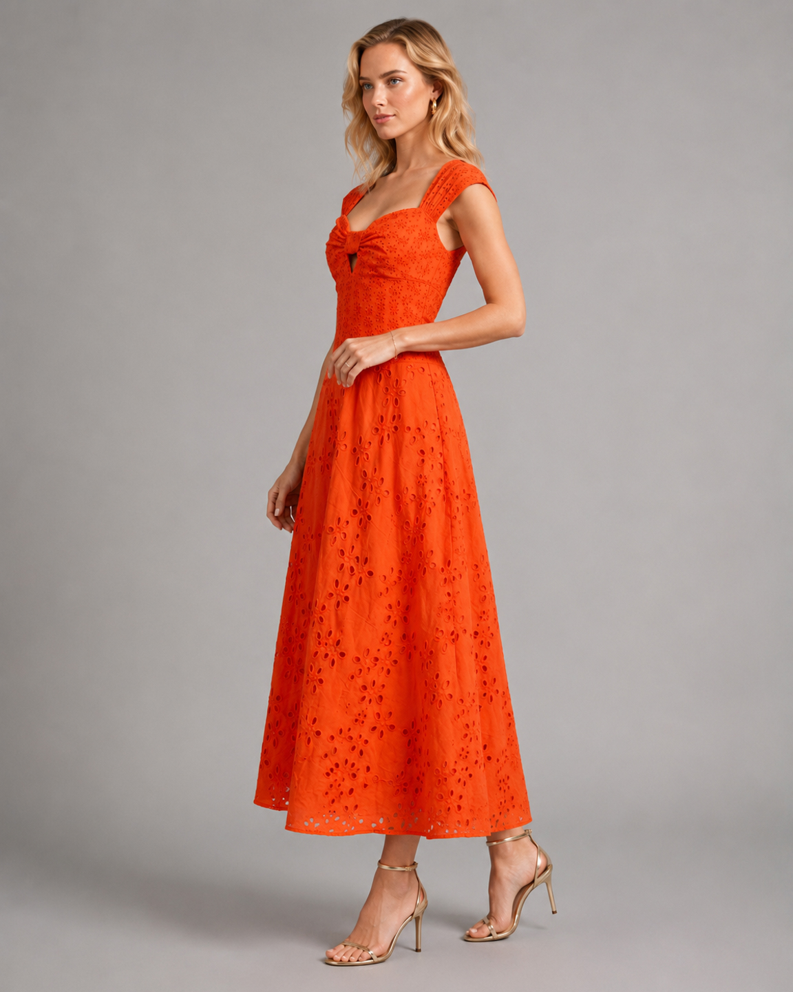 Women Orange Schiffli Cotton Maxi Dress 3