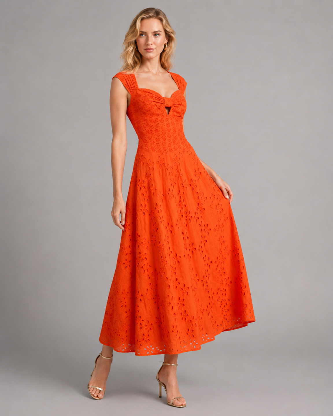 Women Orange Schiffli Cotton Maxi Dress 4