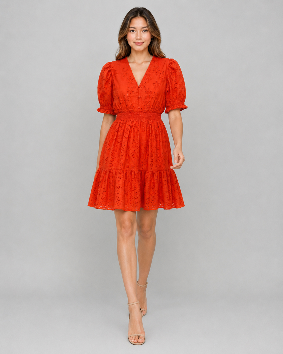 Women Orange Cotton Schiffli Mini Dress 2