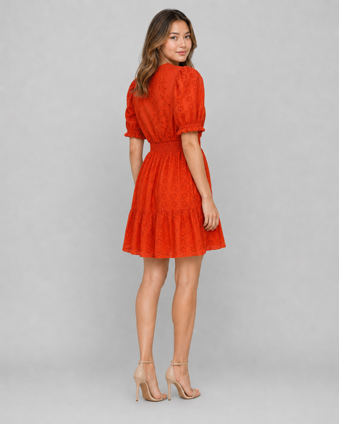 Women Orange Cotton Schiffli Mini Dress 3