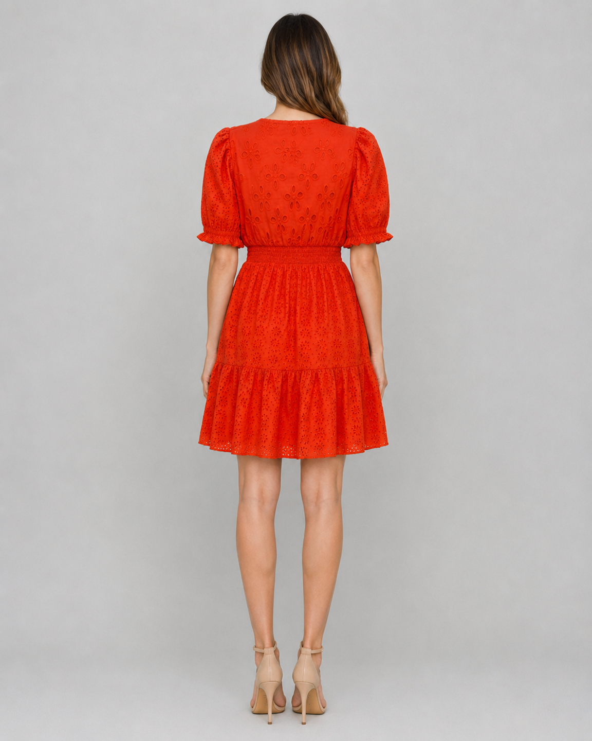 Women Orange Cotton Schiffli Mini Dress 4