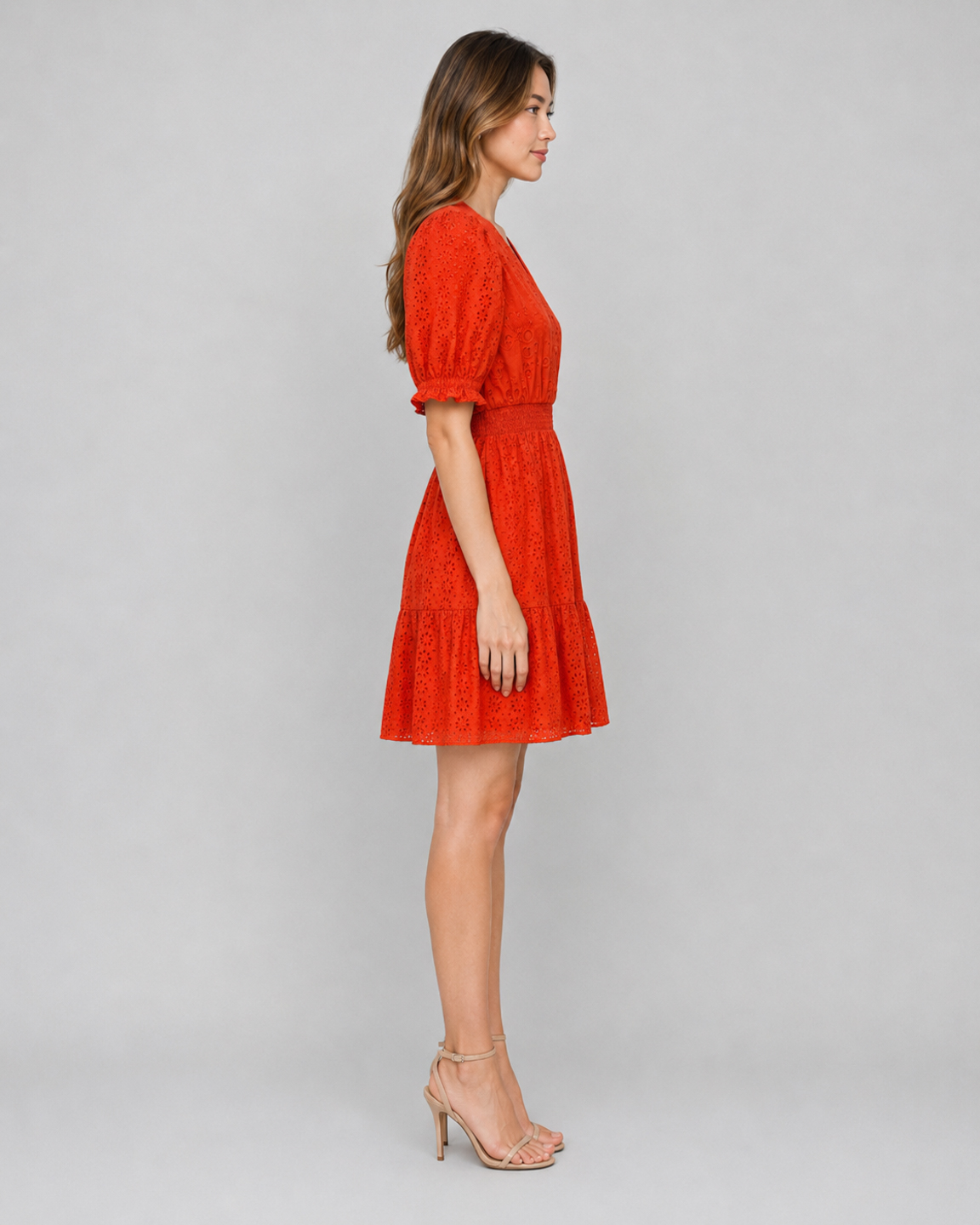 Women Orange Cotton Schiffli Mini Dress 5