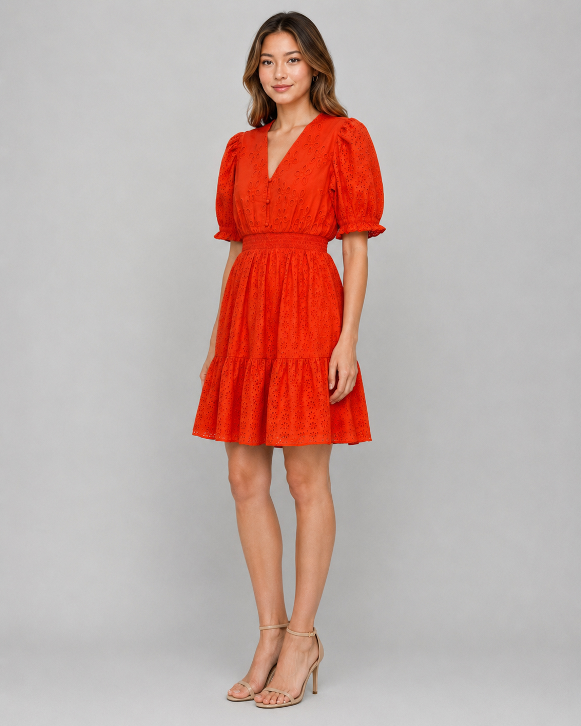 Women Orange Cotton Schiffli Mini Dress 6