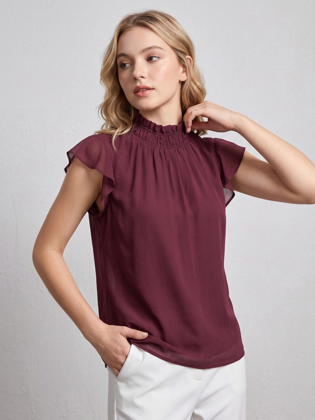 Women Solid Smocked Ruffle Top