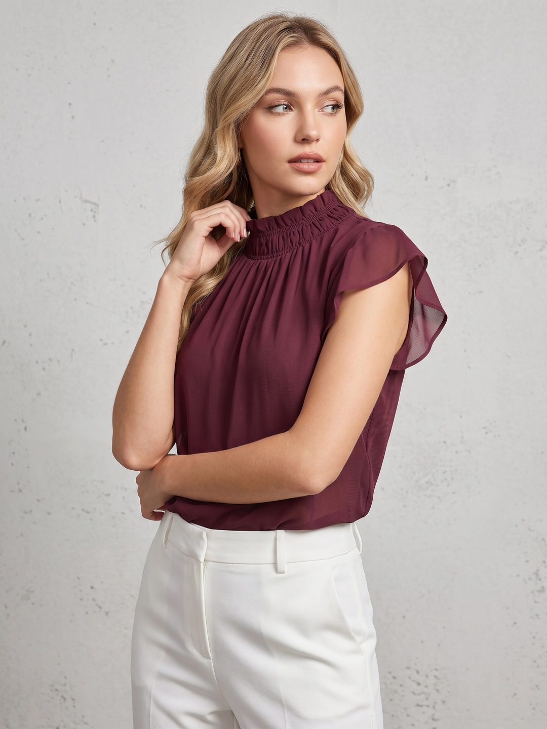 Women Solid Smocked Ruffle Top 2