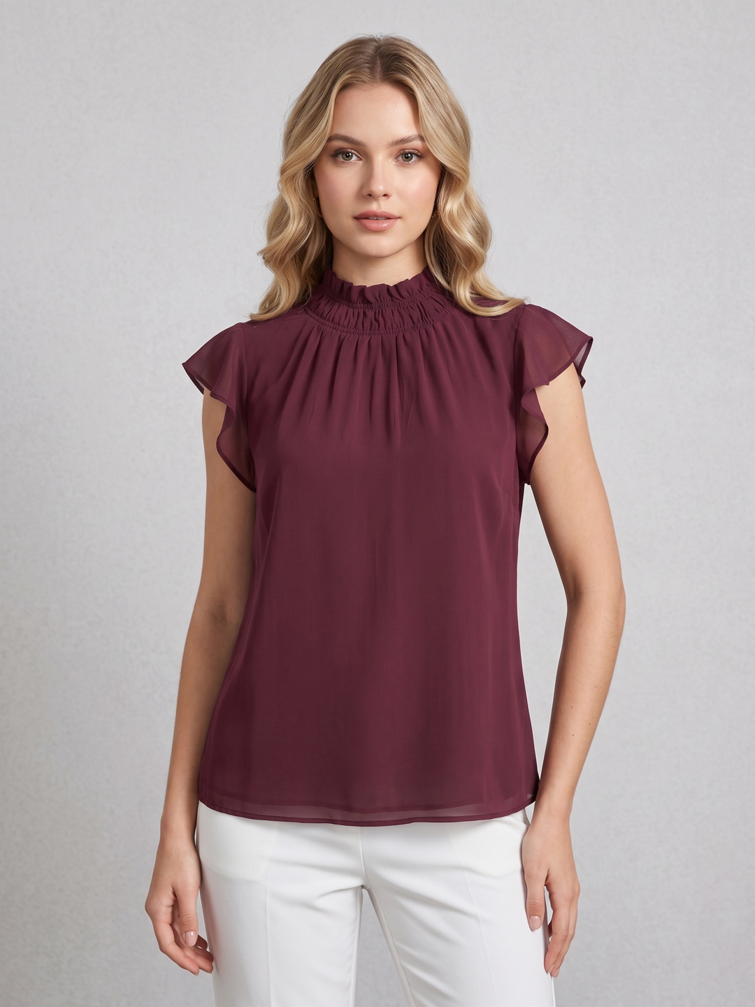 Women Solid Smocked Ruffle Top 3