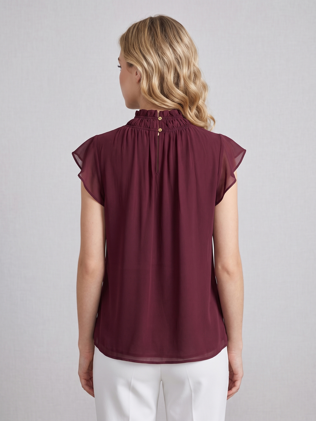 Women Solid Smocked Ruffle Top 4