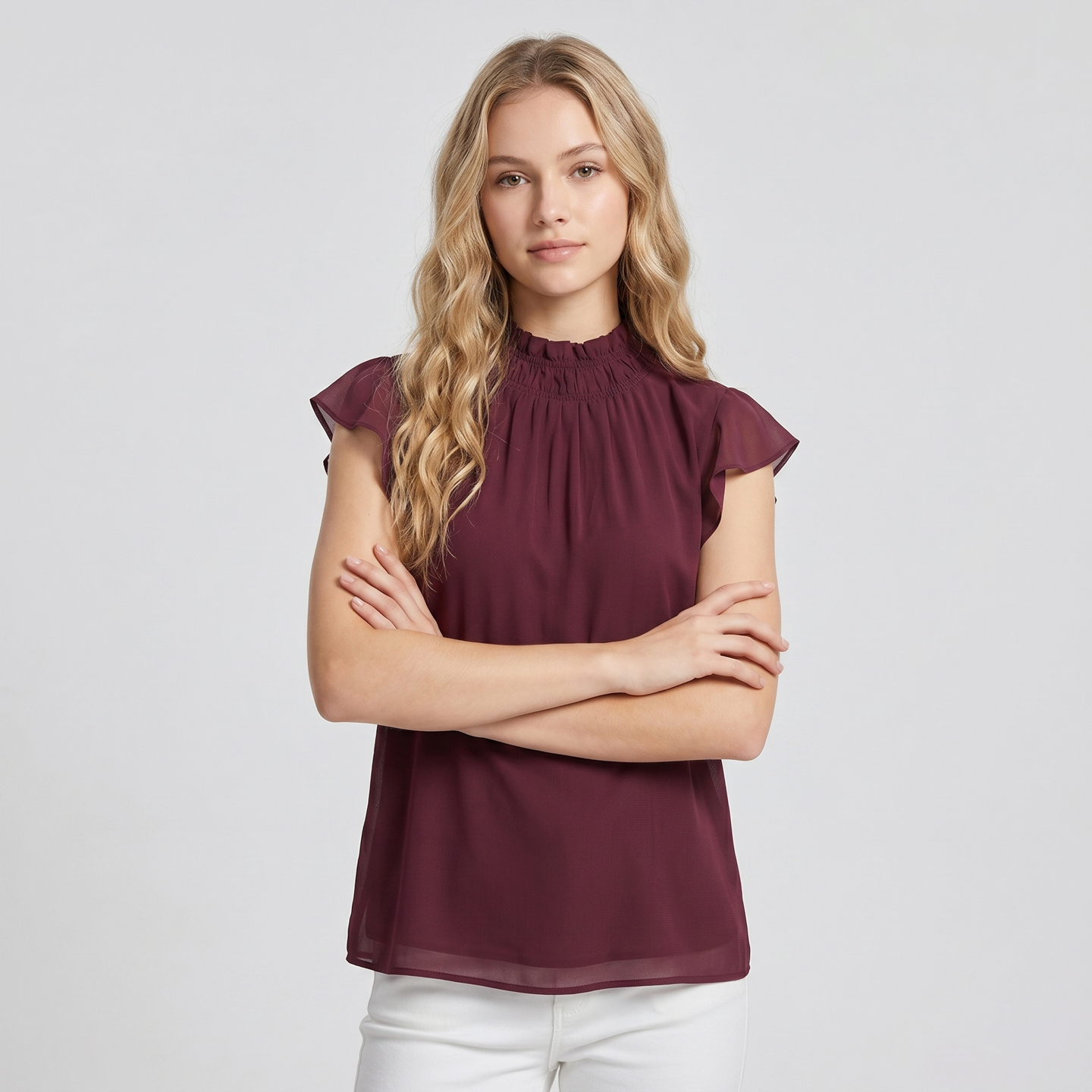 Women Solid Smocked Ruffle Top 6
