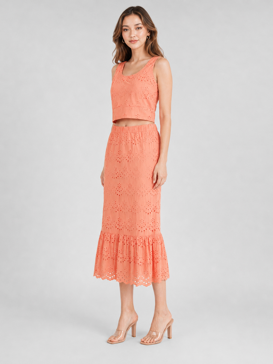 Women Chic Schiffli Pink Cotton Co-Ord Set 5