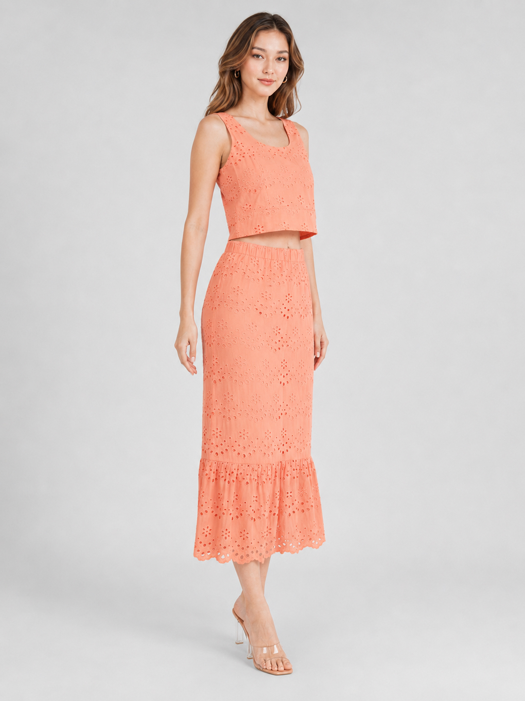 Women Chic Schiffli Pink Cotton Co-Ord Set 6
