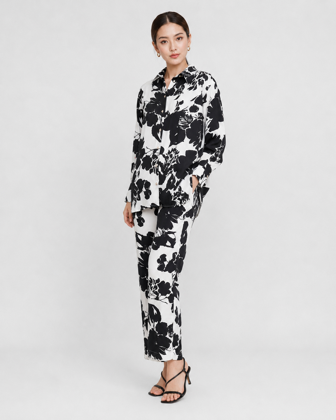 Women Black & White Satin Printed Co-Ord Set 5