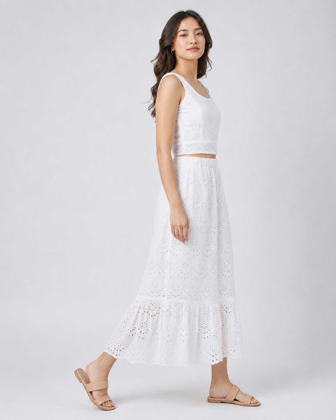 Women White Schiffli Embroidered Pure Cotton Co-ord Set 4