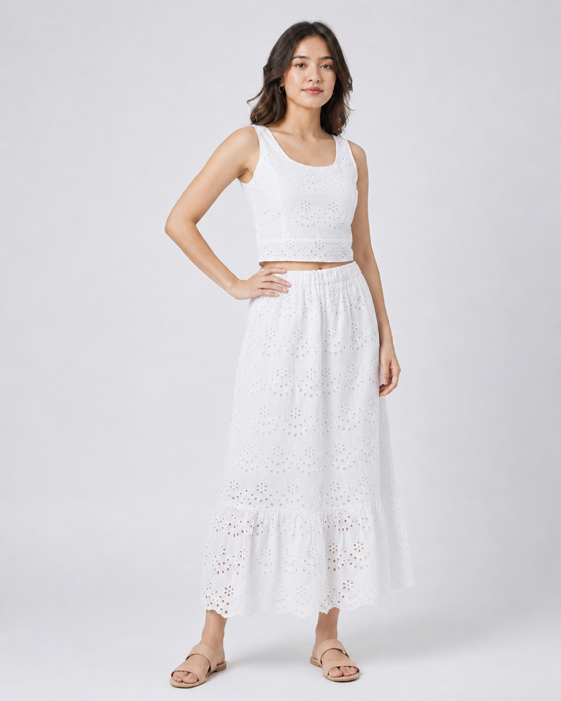 Women White Schiffli Embroidered Pure Cotton Co-ord Set 6