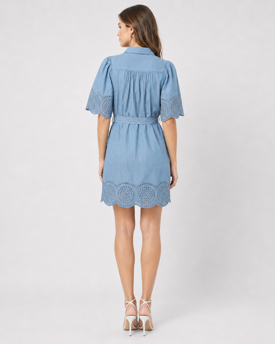 Women Light Bue Denim Shirt Style Schiffli Dress 5