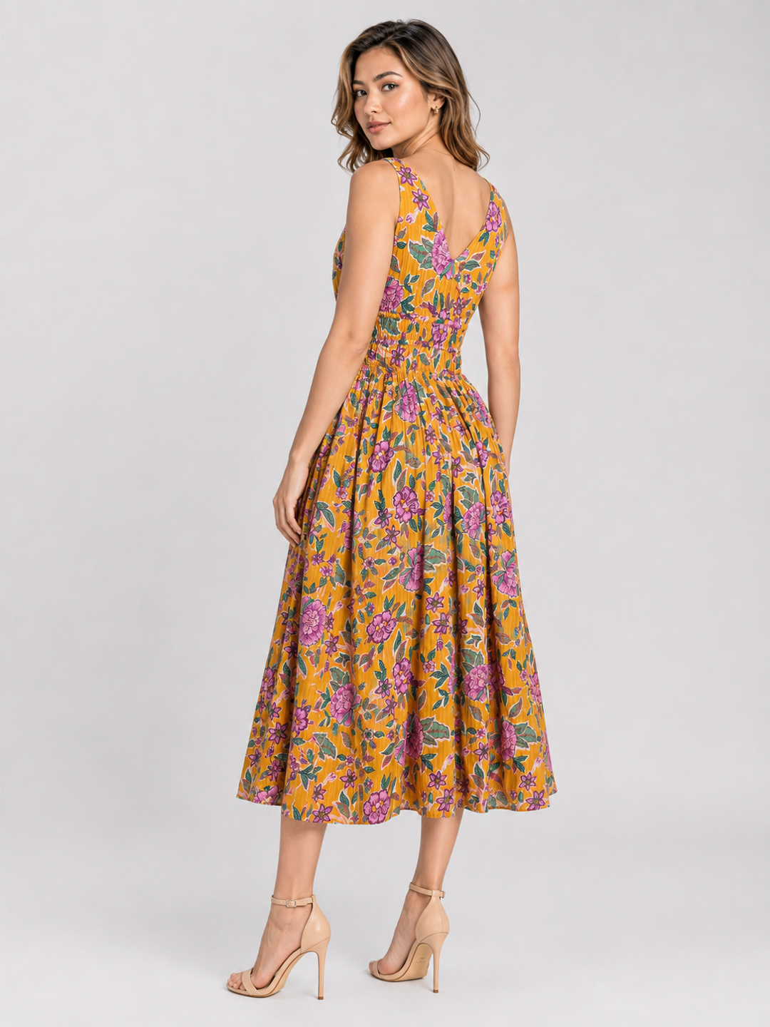 Women Yellow & Pink Floral Print Shoulder Strap Midi Dress 3