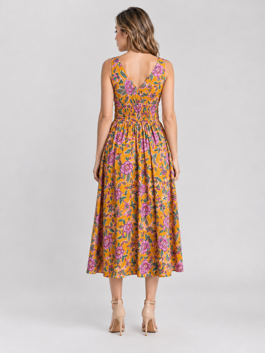 Women Yellow & Pink Floral Print Shoulder Strap Midi Dress 4