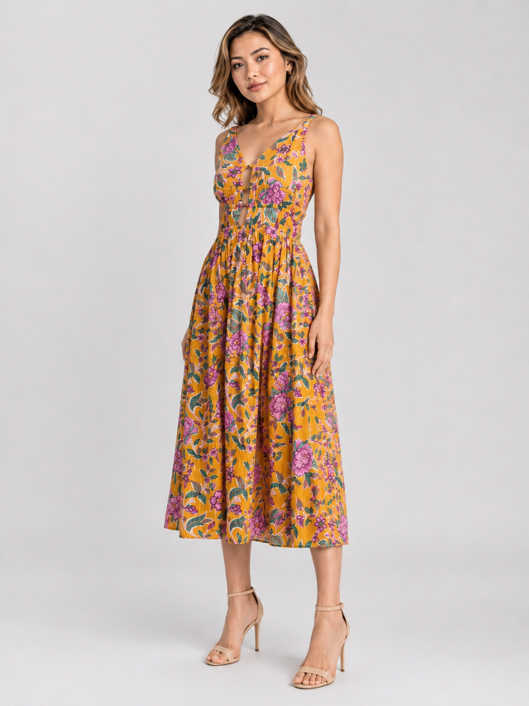 Women Yellow & Pink Floral Print Shoulder Strap Midi Dress 5